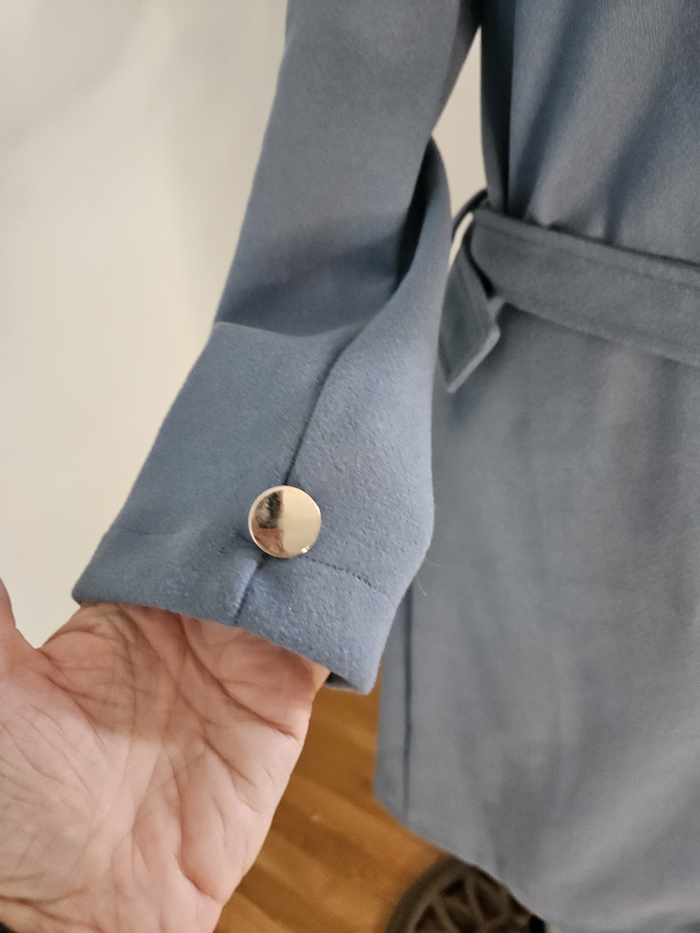 Women's Dusty Blue Belted Wrap Coat - Picture 4 of 9